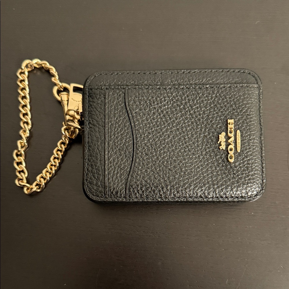 Coach Black Leather Card Holder with Gold Chain
